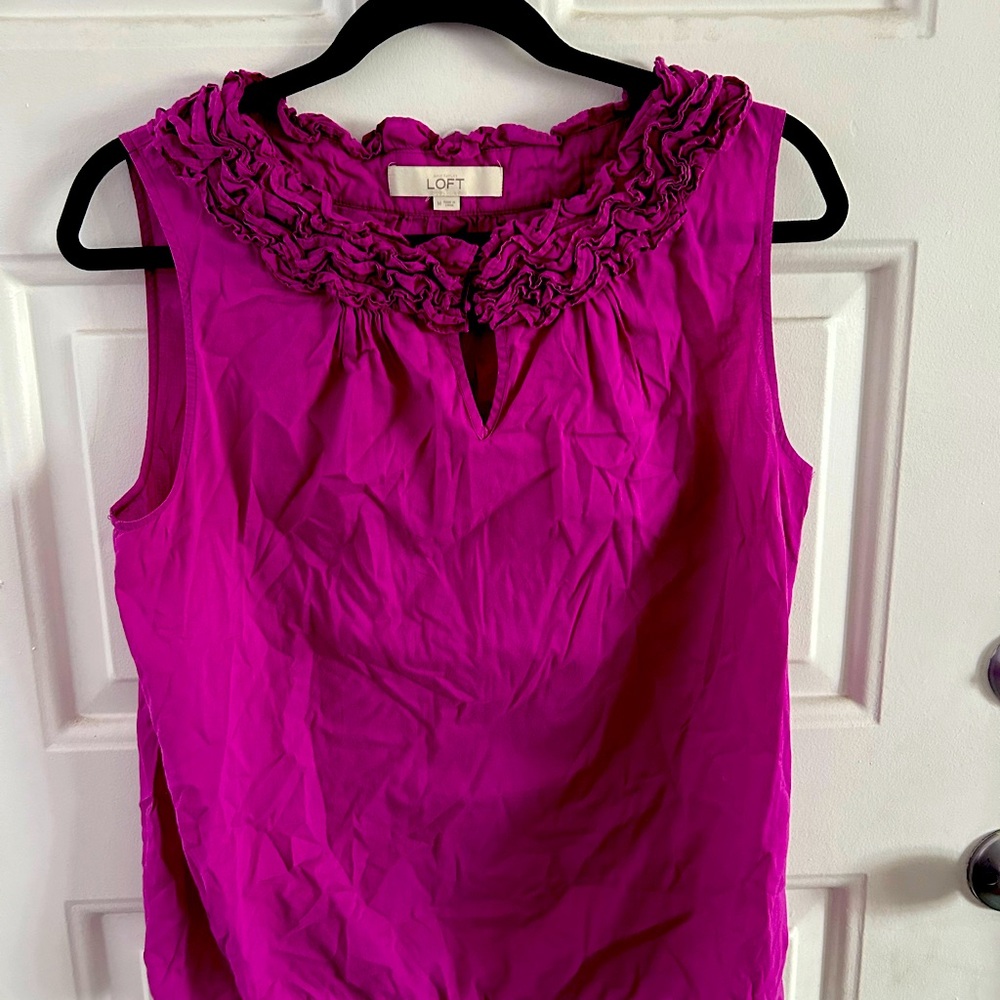 Loft Women’s Top Purple M Cotton Ruffled Neck Line